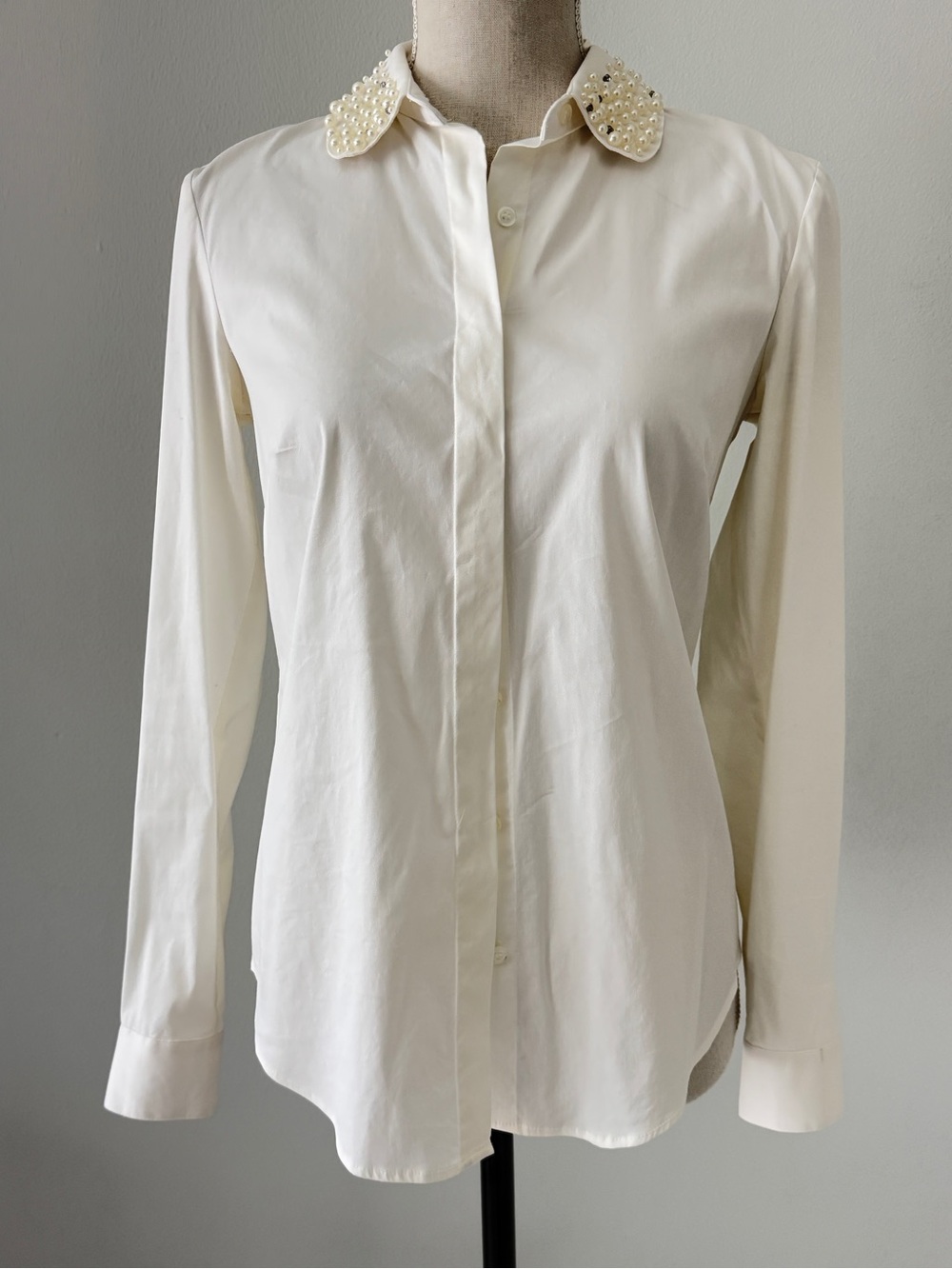 Ann Taylor Pearl-Embellished Collar Button-Down Shirt - Cream - Picture 9 of 10
